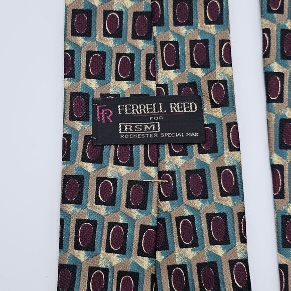 Ferrel Reed RSM USA Made Geometric Teal Burgundy Tan Silk Tie 62.5" - Picture 4 of 6